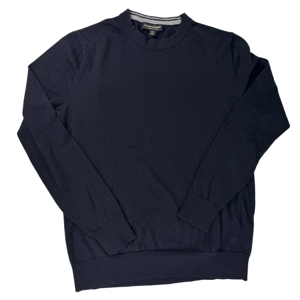 Banana Republic Mens M Black 100% Merino Wool Crewneck Sweater Lightweight